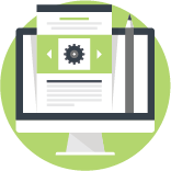 A green circle with a computer inside of it with a pencil and paper to symbolize the creation of content marketing campaigns. This is an icon used for email marketing with the brand colors of Empower Communications in paducah, KY.