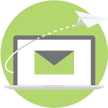 A green circle with a laptop computer inside of it and a paper airplane shooting out from the laptop to symbolize email marketing campaigns. This is an icon used for email marketing with the brand colors of Empower Communications in paducah, KY.