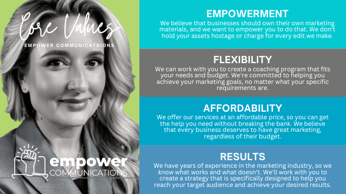 A marketing graphic that defines the core values of Empower Communications, a marketing communications company in Paducah, KY. The core values are Empowerment: We believe that businesses should own their own marketing materials, and we want to empower you to do that. We don't hold your assets hostage or charge for every edit we make.</p>
<p>Flexibility: We can work with you to create a coaching program that fits your needs and budget. We're committed to helping you achieve your marketing goals, no matter what your specific requirements are.</p>
<p>Affordability: We offer our coaching program at an affordable price, so you can get the help you need without breaking the bank. We believe that every business deserves to have great marketing, regardless of their budget.</p>
<p>Results: We're committed to helping you achieve your marketing goals. We have years of experience in the marketing industry, so we know what works and what doesn't. We'll work with you to create a strategy that is specifically designed to help you reach your target audience and achieve your desired results. The Empower Communications corporate colors were used in the graphic along with a photo of the owner, founder, and marketing person Whitney Walker.
