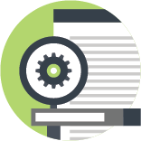 A green circle with a web page and a magnifying glass to symbolize an SEO optimization marketing campaign. This is an icon used for email marketing with the brand colors of Empower Communications in paducah, KY.