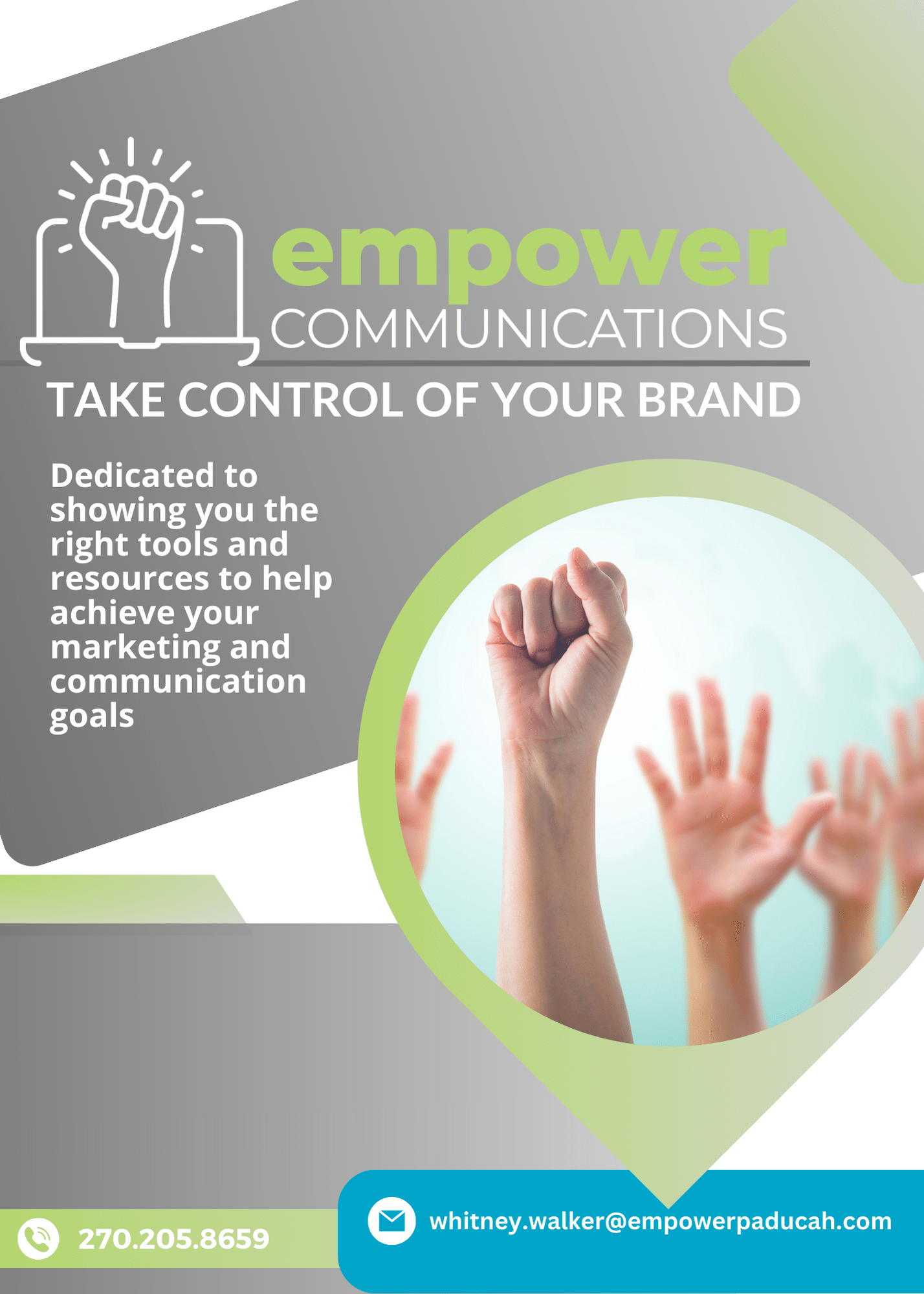 A letter-sized flyer for Empower Communications that talks about how the marketing company in Paducah, KY can help business owners take control of their own brands.